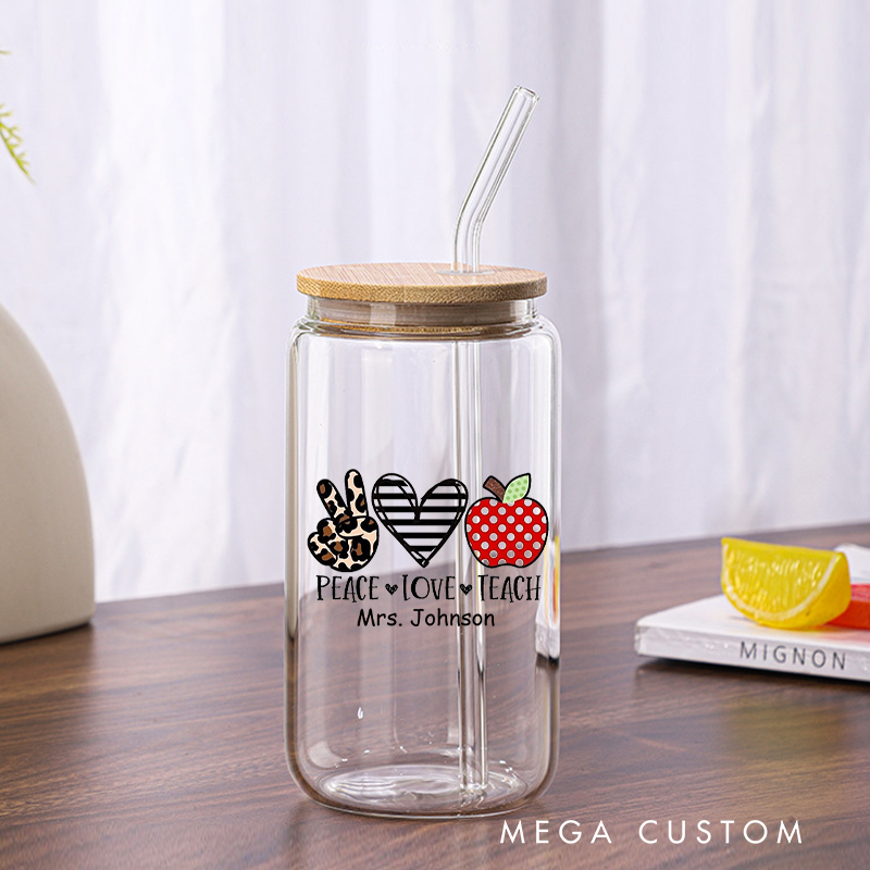 Personalized Teacher Tumbler with Lid and Straw Peace Love Teach Custom Glass Coffee Cup Teacher Appreciation Gift