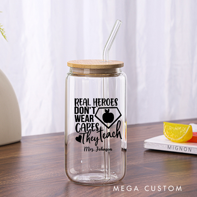 Personalized Teacher Tumbler with Lid and Straw Real Heroes Don't Wear Capes They Teach Custom Glass Coffee Cup Teacher Appreciation Gift