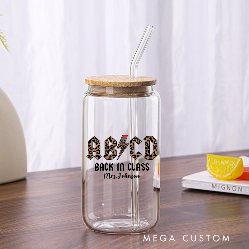 Personalized Teacher Tumbler with Lid and Straw ABCD Back in Class Custom Glass Coffee Cup Teacher Appreciation Gift