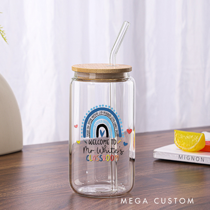 Personalized Teacher Tumbler with Lid and Straw Colorful Hand Drawn Rainbow Custom Glass Coffee Cup Teacher Appreciation Gift