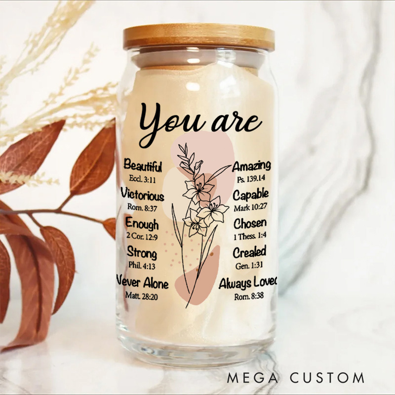 Personalized Birth Flower Bible Quotes Glass Cup with Lid and Straw Custom Text Coffee Cup Christian Inspirational Mother's Day Gift for Women 