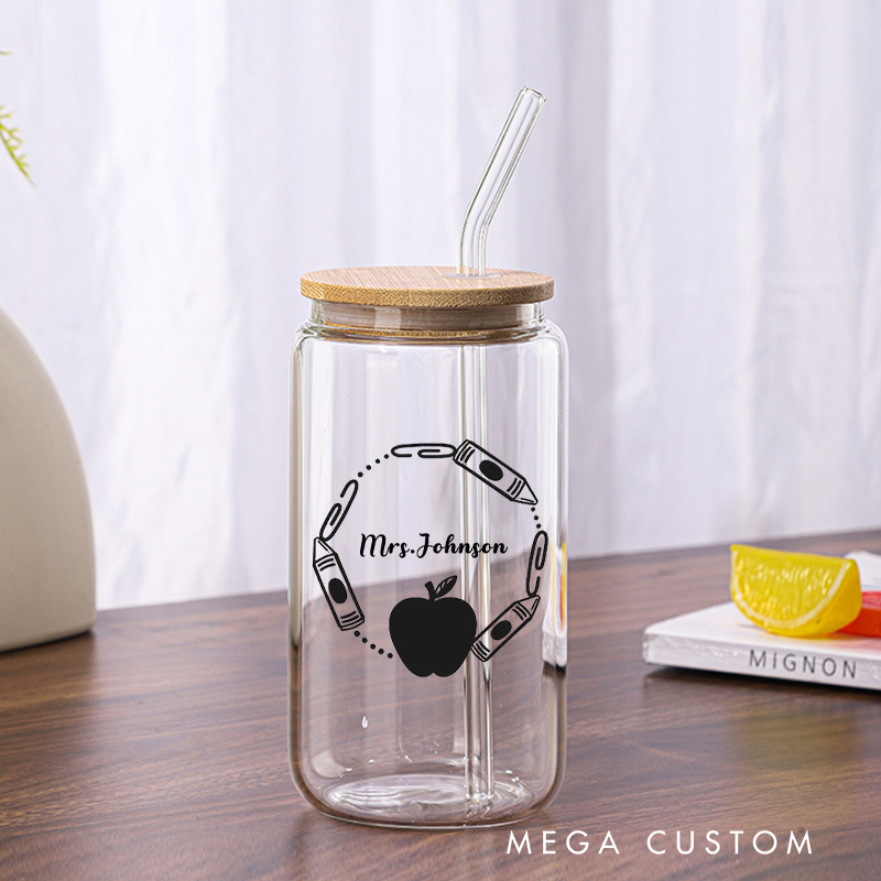 Personalized Teacher Tumbler with Lid and Straw Crayons and Paperclips Surrounding a Apple Custom Glass Coffee Cup Teacher Appreciation Gift