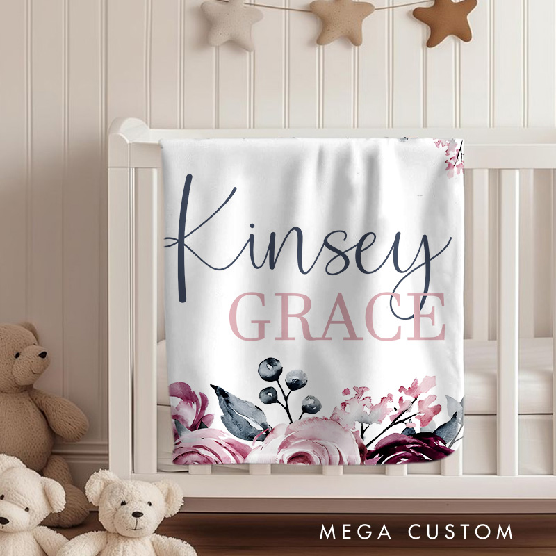 Personalized Elegant Name with Burgundy and Pink Roses Sophisticated Floral Keepsake Baby Blanket