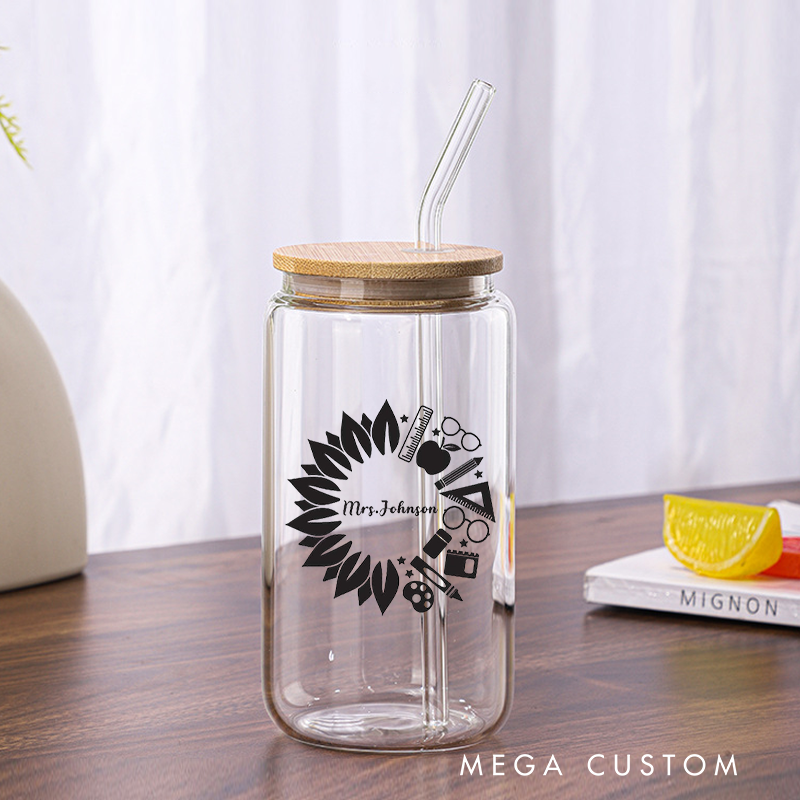 Personalized Teacher Tumbler with Lid and Straw Sunflower Inspired Wreath Made up of School Themed Icons Custom Glass Coffee Cup Teacher Appreciation Gift