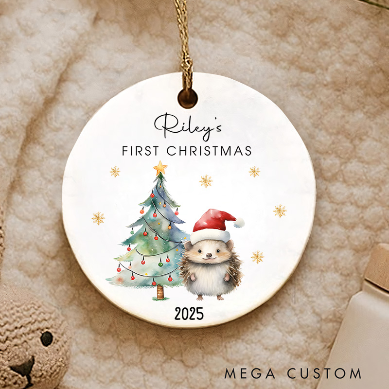 Personalized Hedgehog First Christmas Ornament Highlighting Festive Holiday Scene Christmas Ornament
