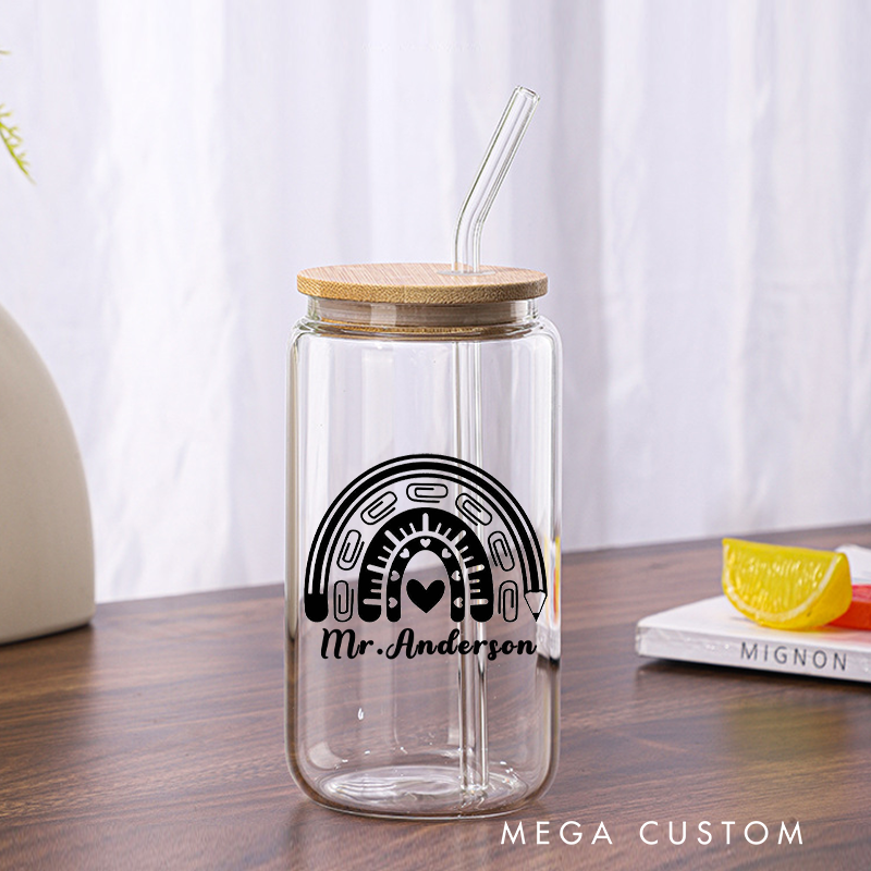Personalized Teacher Tumbler with Lid and Straw Rainbow Shape Custom Glass Coffee Cup Teacher Appreciation Gift