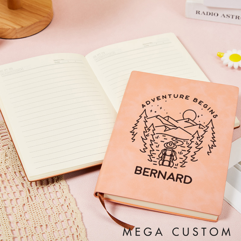 Personalized Adventure Begins Leather Notebook Outdoor Traveling Hiking Journal Gift for Nature