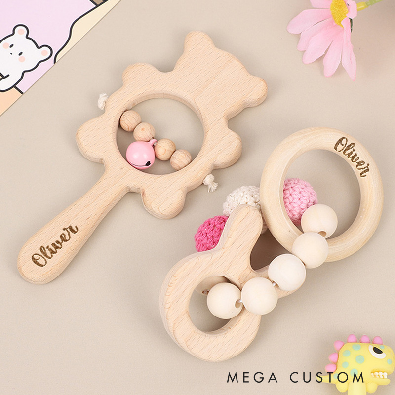 Personalized Baby Rattle for Baby Engraved Rattle with Name Wooden Rattle Ring for Newborn Gift Baby Shower Gift