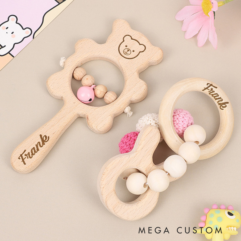 Personalized Engraved Wooden Baby Rattle with Name Animal Rattle With Bells Baby Grasping Toy Baby Shower Gift