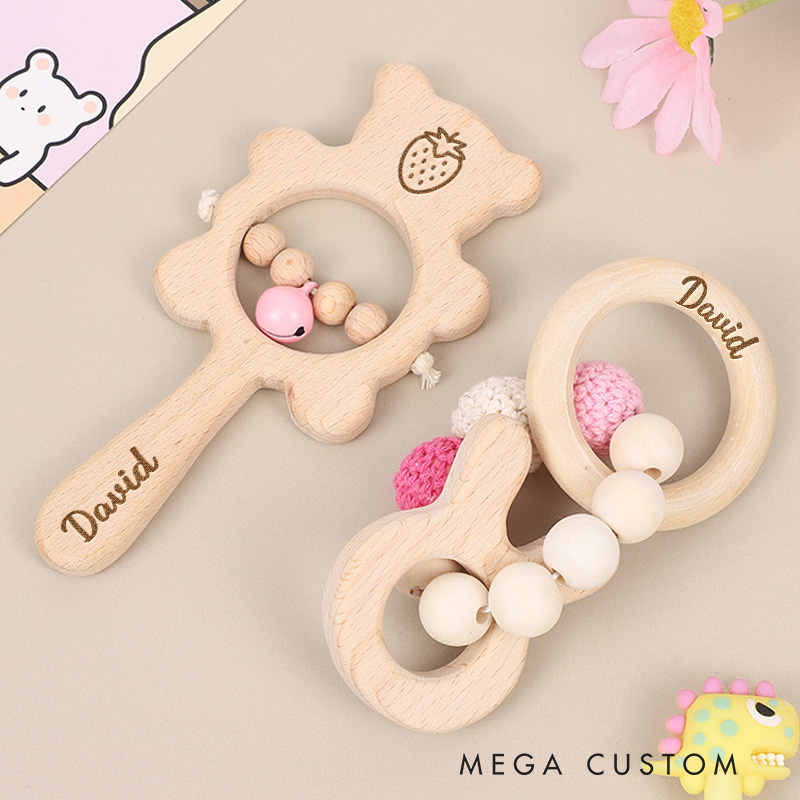 Personalized Rattle for Baby Engraved Rattle with Bells Sensory Toys Baby Shower Gift Newborn Gift