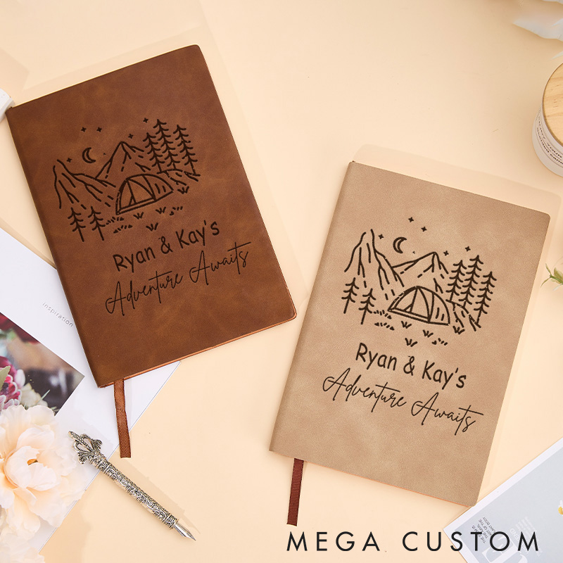 Personalized Adventure Awaits Journal Couple Camping Traveling Hiking Leather Notebook Gift Outdoor Lovers 