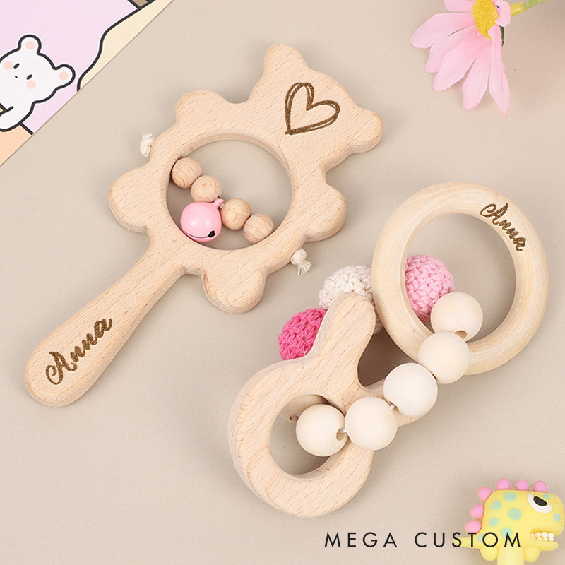 Personalized Baby Rattle for Baby Engraved Rattle with Name Wooden Rattle Ring for Newborn Gifts Baby Shower Gift