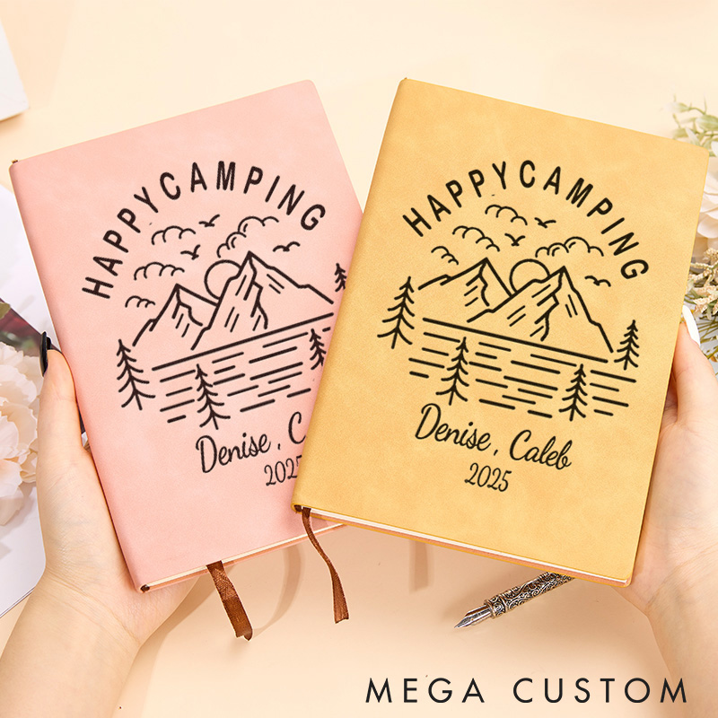 Personalized Happy Camping Leather Notebook Adventure Couple Notebook Camping Traveling Hiking Journal Gift for Outdoor