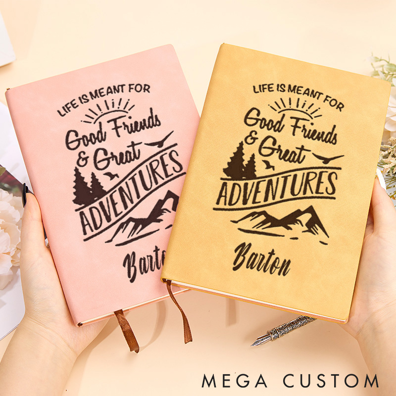 Personalized Good Friends & Great Adventures Leather Notebook Camping Traveling Hiking Journal Gift for Outdoor