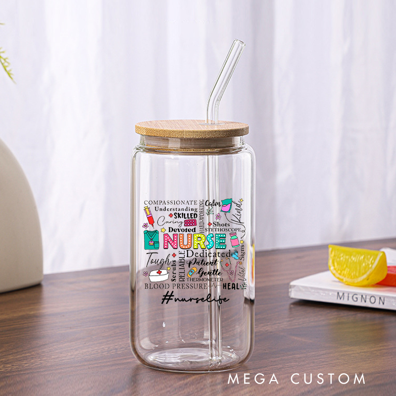 Personalized Nurse Tumbler with Lid and Straw Nursing Related Words and Illustrations Custom Glass Coffee Cup Nurse Appreciation Gift