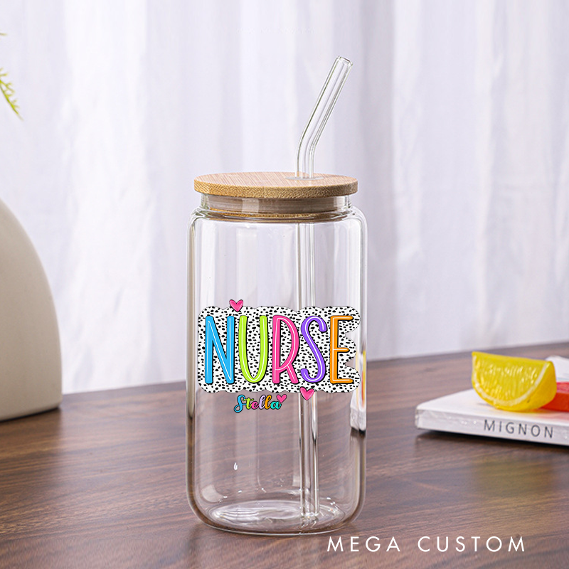 Personalized Nurse Tumbler with Lid and Straw Nurse with a Playful Black and White Dotted Pattern Custom Glass Coffee Cup Nurse Appreciation Gift