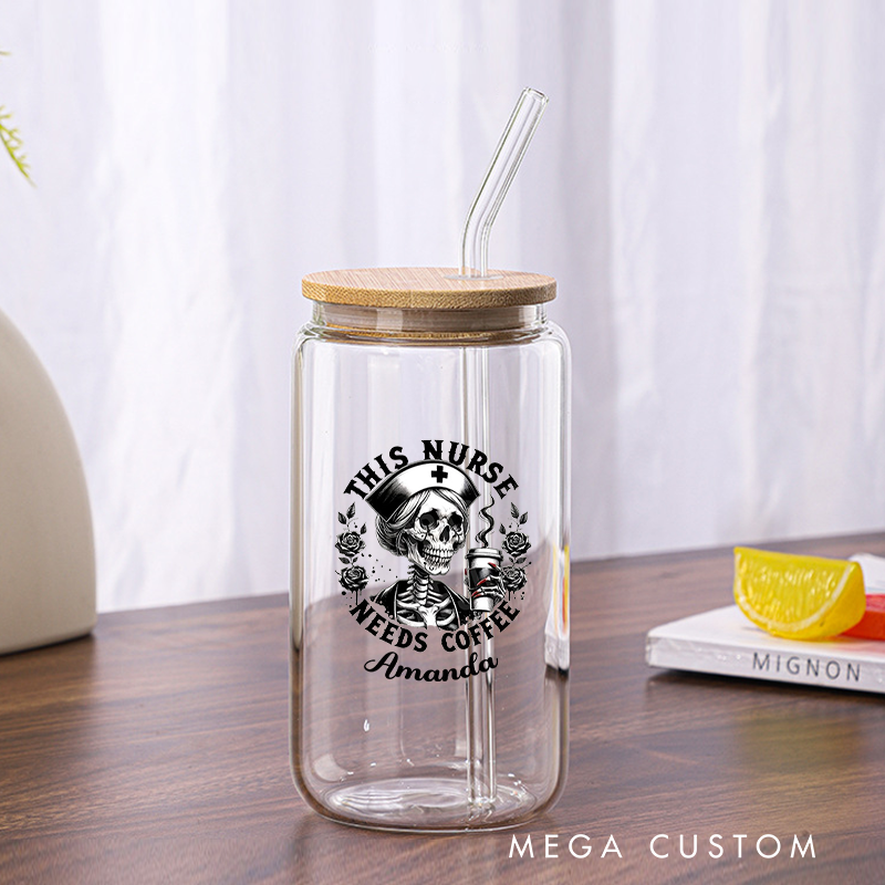 Personalized Nurse Tumbler with Lid and Straw This Nurse Needs Coffee Custom Glass Coffee Cup Nurse Appreciation Gift