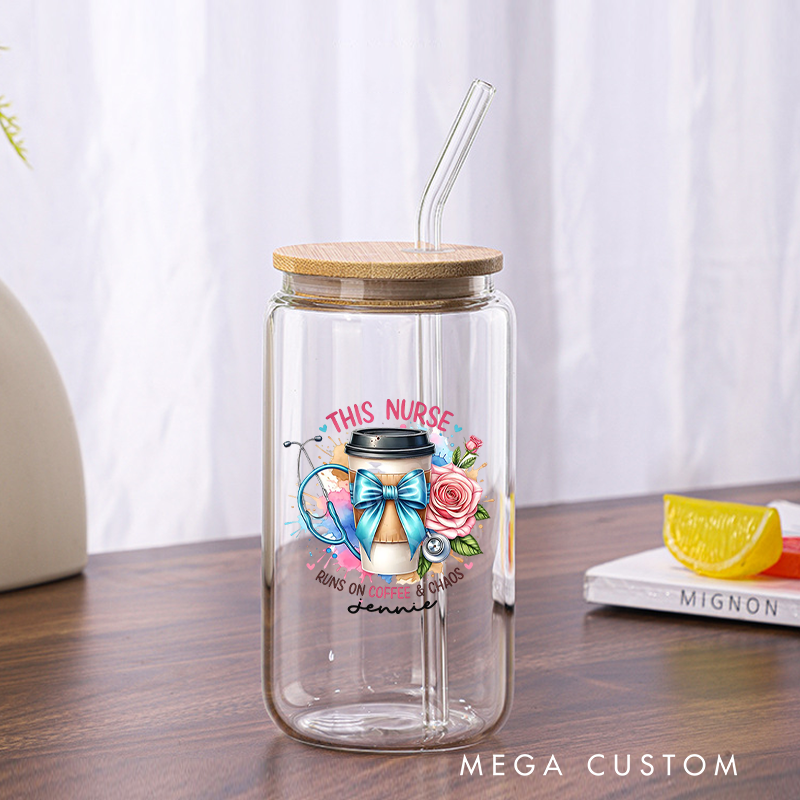 Personalized Nurse Tumbler with Lid and Straw This Nurse Runs on Coffee Chaos Custom Glass Coffee Cup Nurse Appreciation Gift