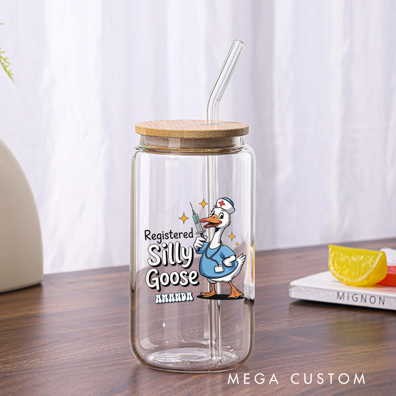 Personalized Nurse Tumbler with Lid and Straw Registered Silly Goose Custom Glass Coffee Cup Nurse Appreciation Gift