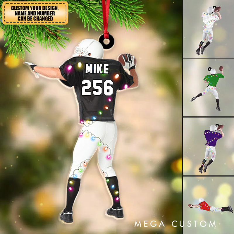 Personalized Football Player Ornament with Custom Name and Number Design