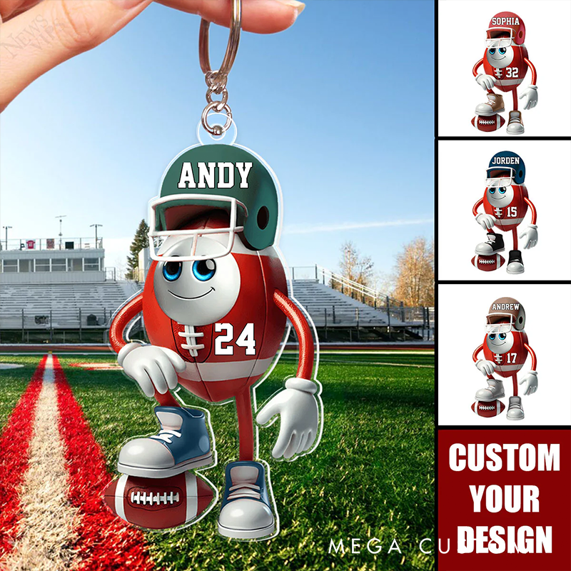 Personalized Football Character Keychain with Custom Name and Number Design
