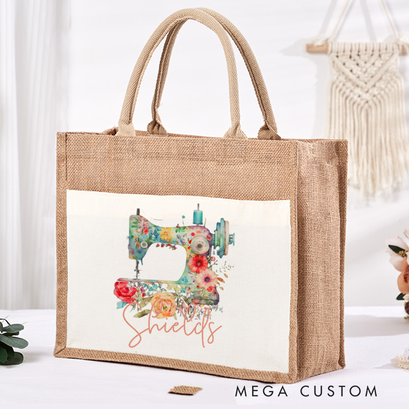 Personalized Flower Sewing Machine Tote Bag Sewing Lovers Bag Tailor Burlap Bag Gift Sewing Lover Gift Seamstress Gift