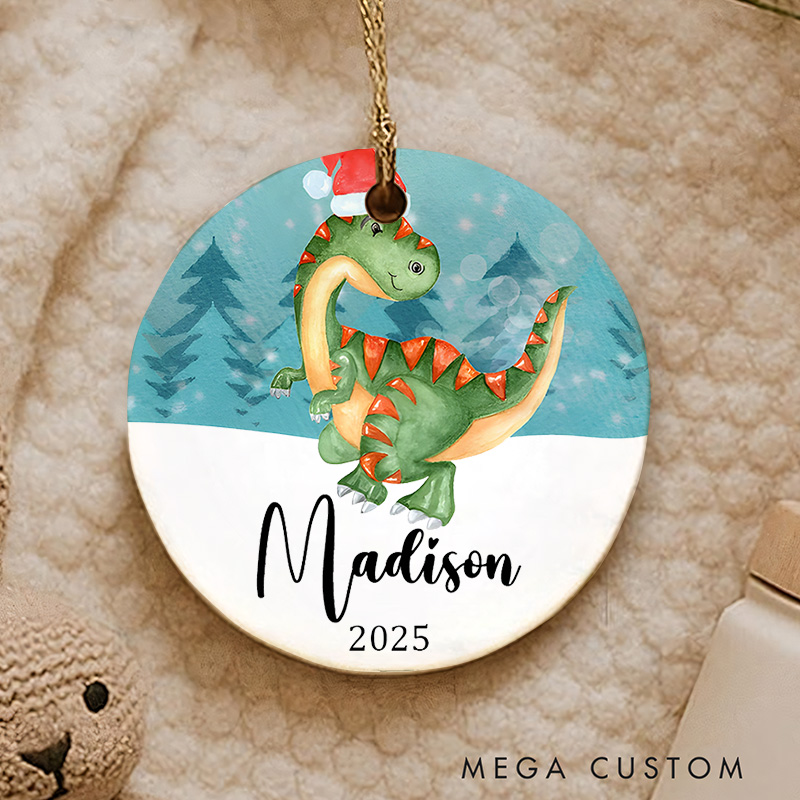 Personalized Dinosaur First Christmas Ornament Featuring Festive Holiday Cheer Christmas Ornament