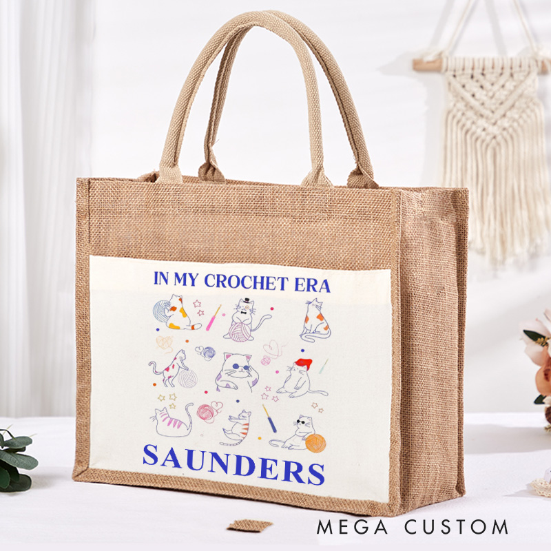 Personalized In My Crochet Era Tote Bag Sewing Lovers Bag Cat And Crochet Lover Burlap Bag Knitting Lover Gifts Crocheting Gift
