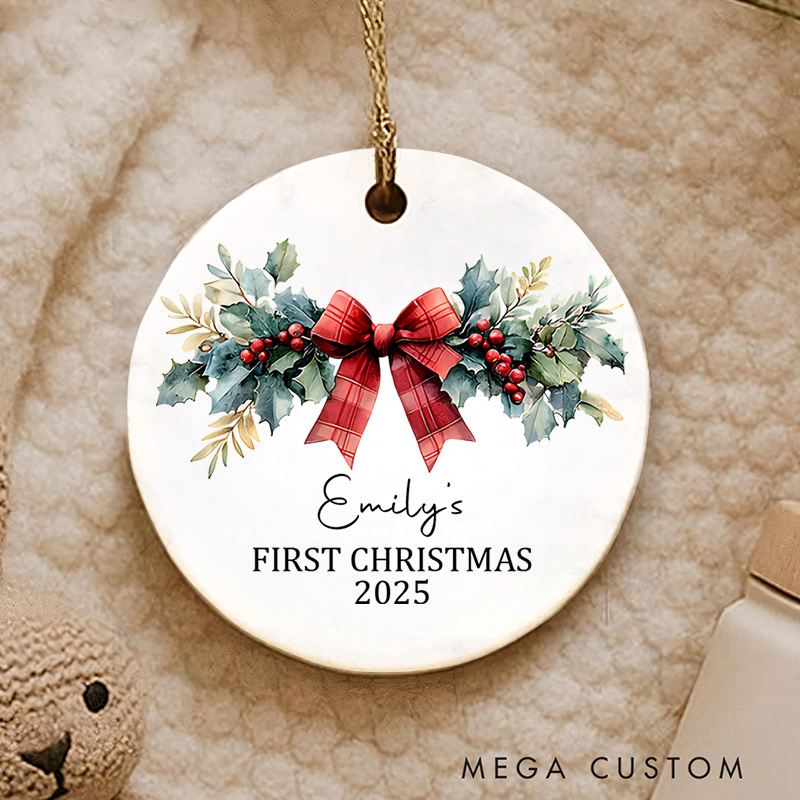 Personalized First Christmas Ornament Featuring Festive Bow and Holiday Wreath Christmas Ornament