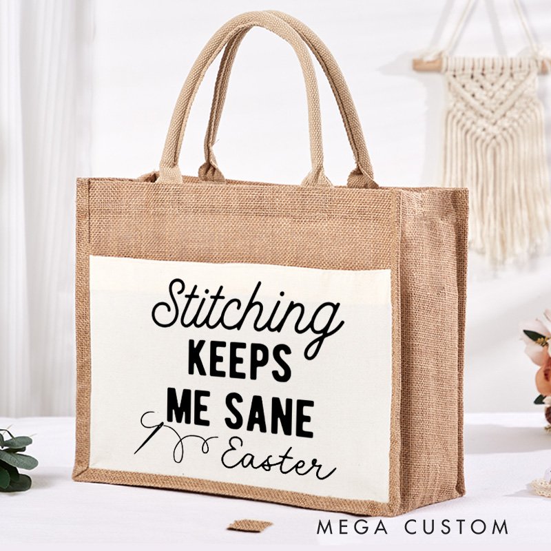 Personalized Stitching Keeps Me Sane Tote Bag Cross Stitch lover Burlap Bag Sewing Lovers Bag Stitching Gift Sewing Gift