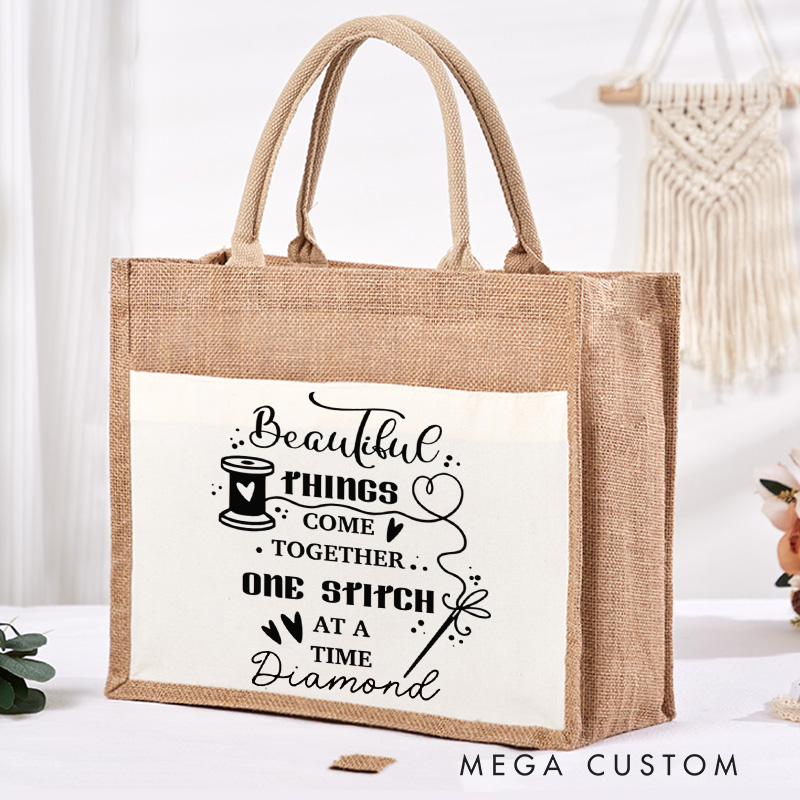 Personalized Beautiful Things Come Together One Stitch at a Time Tote Bag Tailor Burlap Bag with Name Sewing Lover Gift Quilting Gift