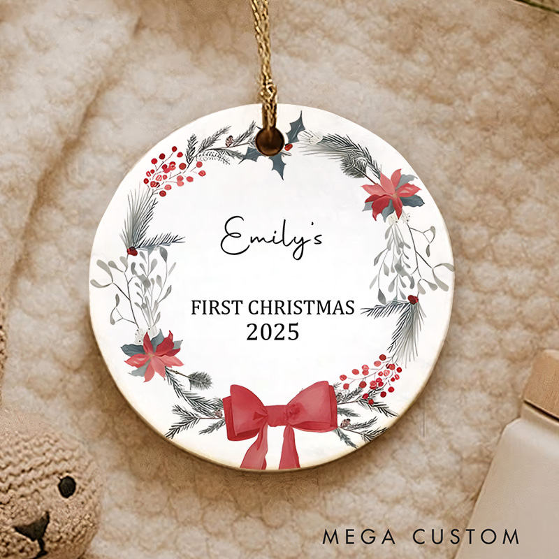 Personalized First Christmas Ornament Highlighting Elegant Bow and Floral Accents Christmas Ornament