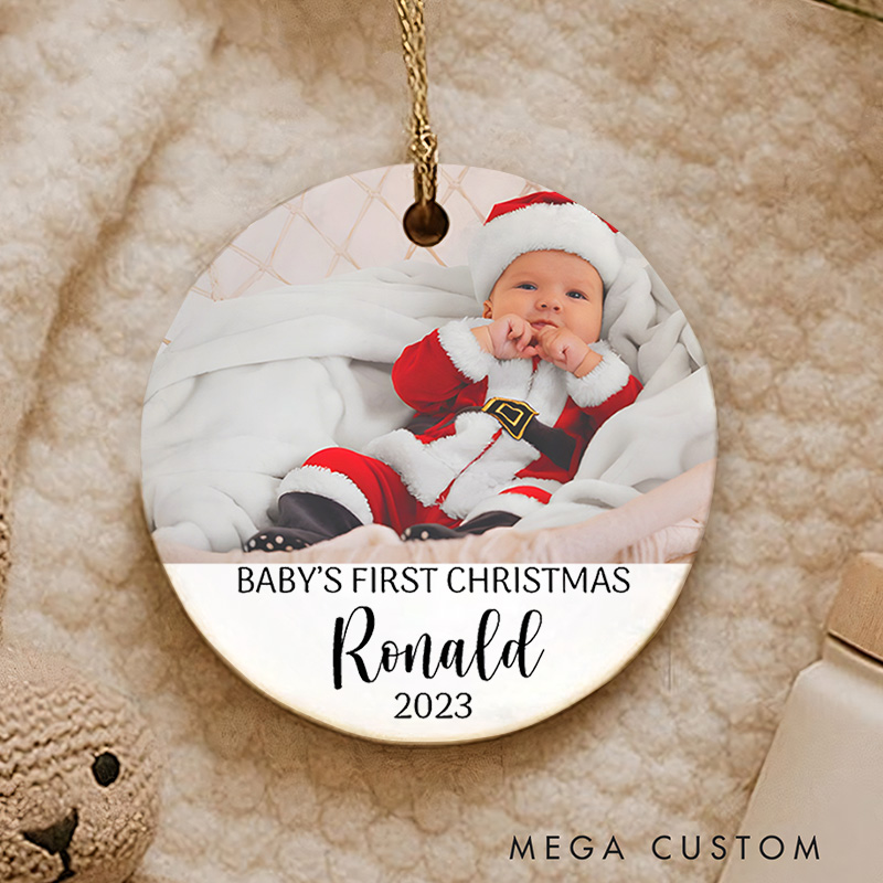 Personalized Baby's First Christmas Ornament Featuring Name and Festive Cheer Christmas Ornament