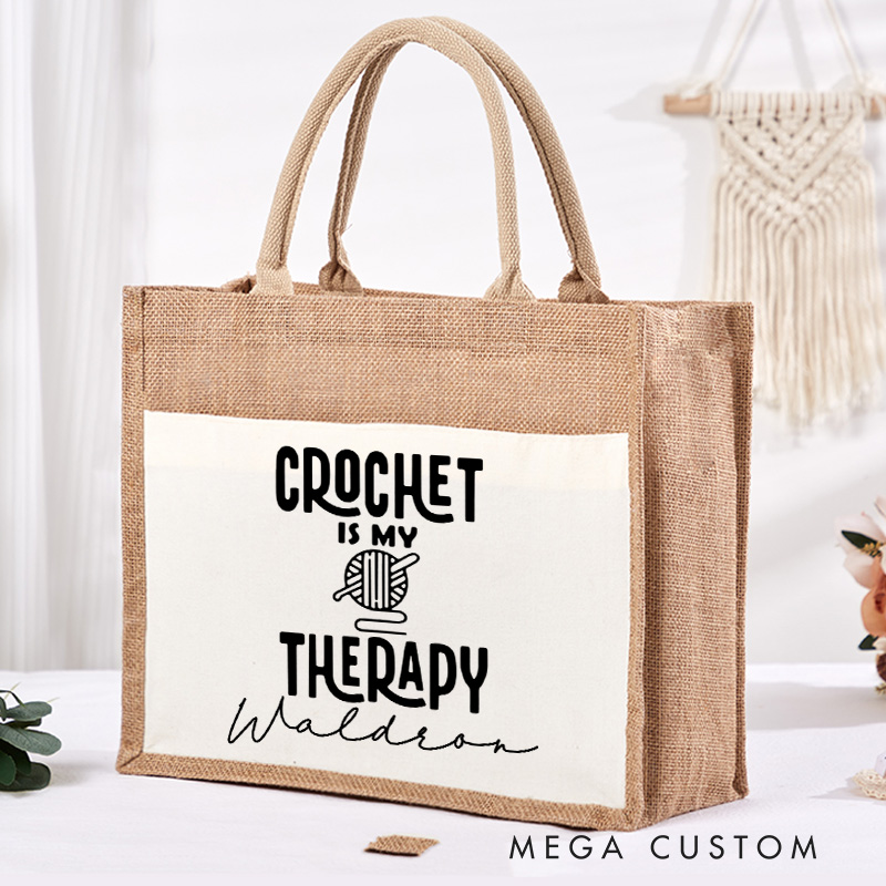 Personalized Crochet is My Therapy Tote Bag Sewciopath Burlap Bag with Name Sewing Lovers Gift Quilting Gift Tailor Gift Crocheter Gift