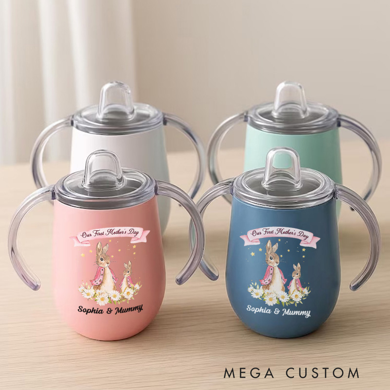 Personalized Our First Mother’s Day Peter Rabbit Bunny Floral Sippy Cup with Names Mother’s Day Baby Shower Gift