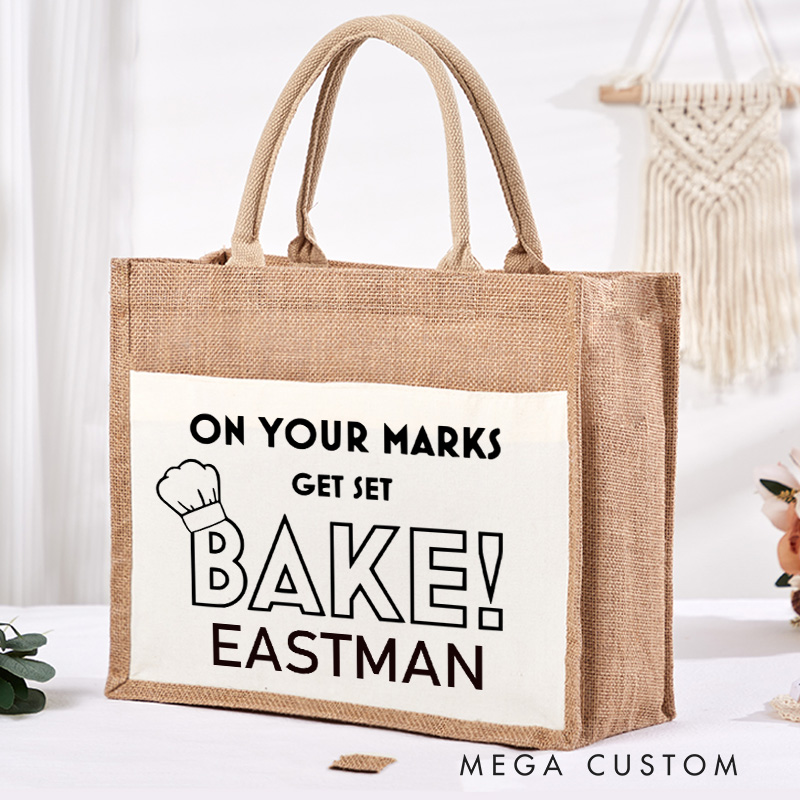 Personalized On Your Marks Get Set Bake Tote Bag Baking Lover Burlap Bag with Name Baking Lover Gift Cookie Baker Baking Gift
