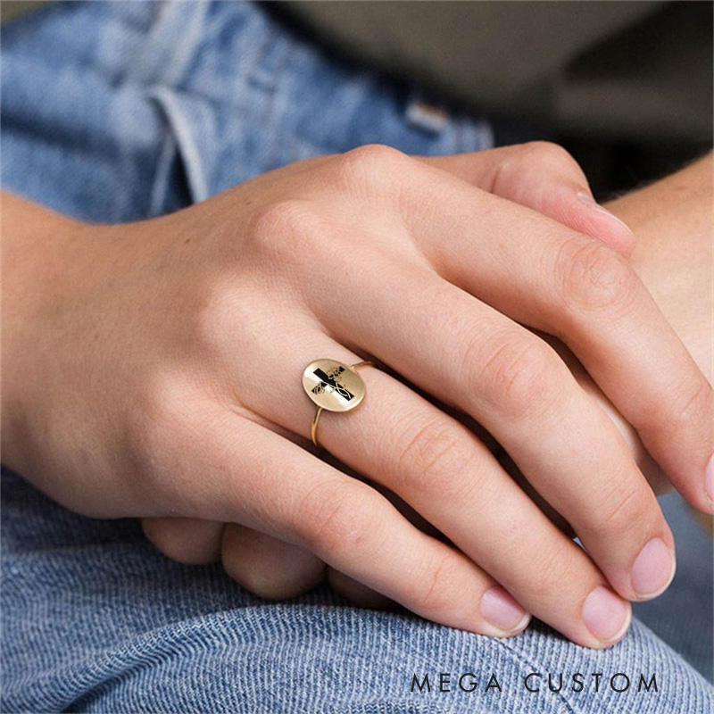 Personalized Two Birth Flowers with Cross Ring Christian Engraved Birth Month Flower Jewelry Easter Gift Baptism Gift Christian Gift for Women