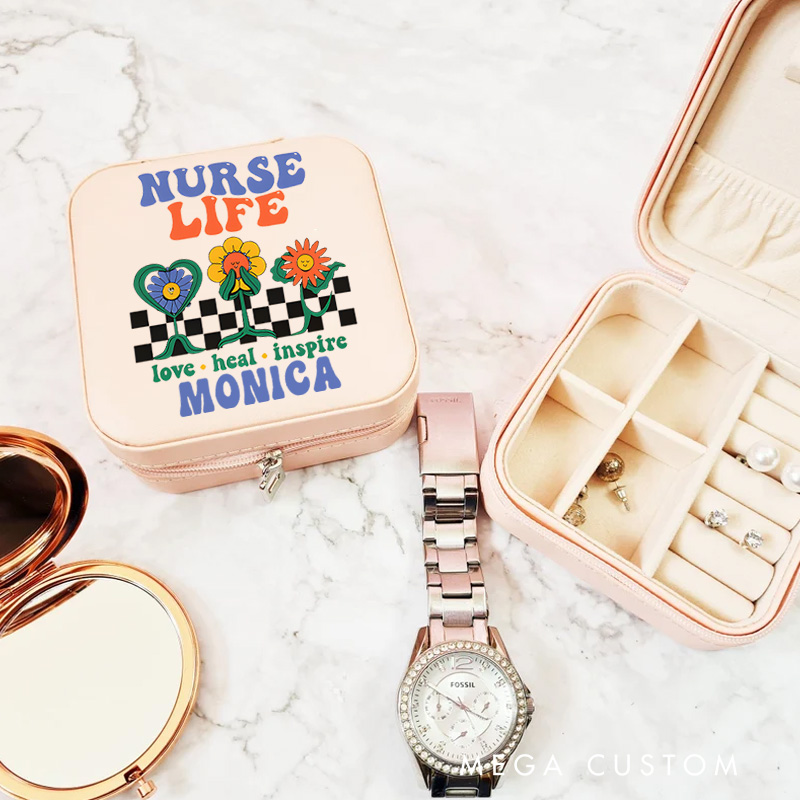 Personalized Jewelry Box for Nurse Custom Love Heal Inspire Design Travel Jewelry Box Leather Jewelry Organizer Nurse Appreciation Gift 