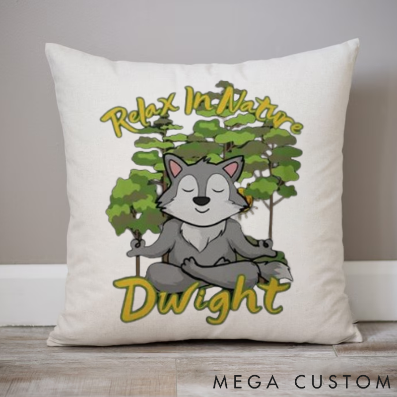 Personalized "Relax In Nature" Themed Pillows Little Wolf Pillows for Meditation with Closed Eyes Yoga Pillows Gift  Idea for Yoga Lover