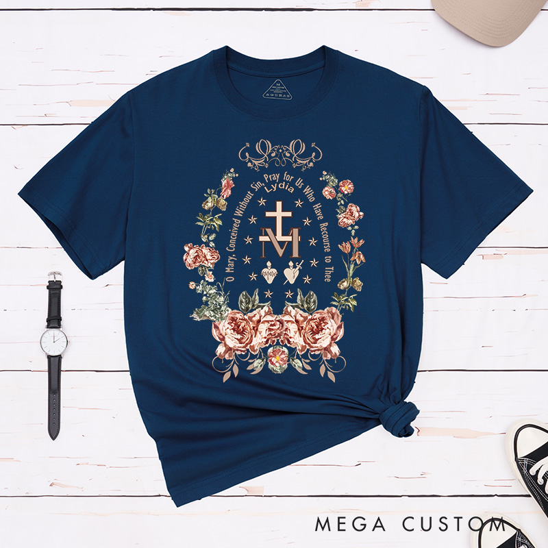 Personalized Virgin Mary Classic T-Shirt with Floral Wreath Cotton Shirt Catholic Gift Easter Christmas Gift for Women 
