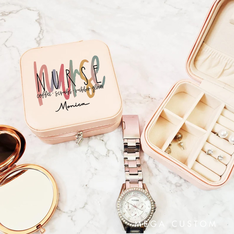 Personalized Jewelry Box for Nurse Custom Nurse Essentials Coffee Scrubs Rubber Gloves Design Travel Jewelry Box Nurse Appreciation Gift 