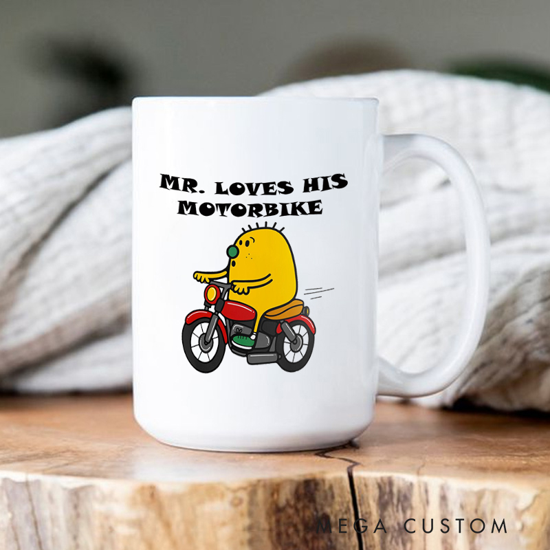 Personalized Bike Lover Motobike Riding Cartoon Coffee Lover for Him Mr. Loves His Motorbike Design with Custom Mug