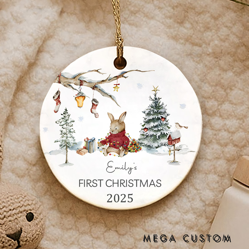 Personalized Woodland First Christmas Ornament Featuring Festive Forest Animals Christmas Ornament