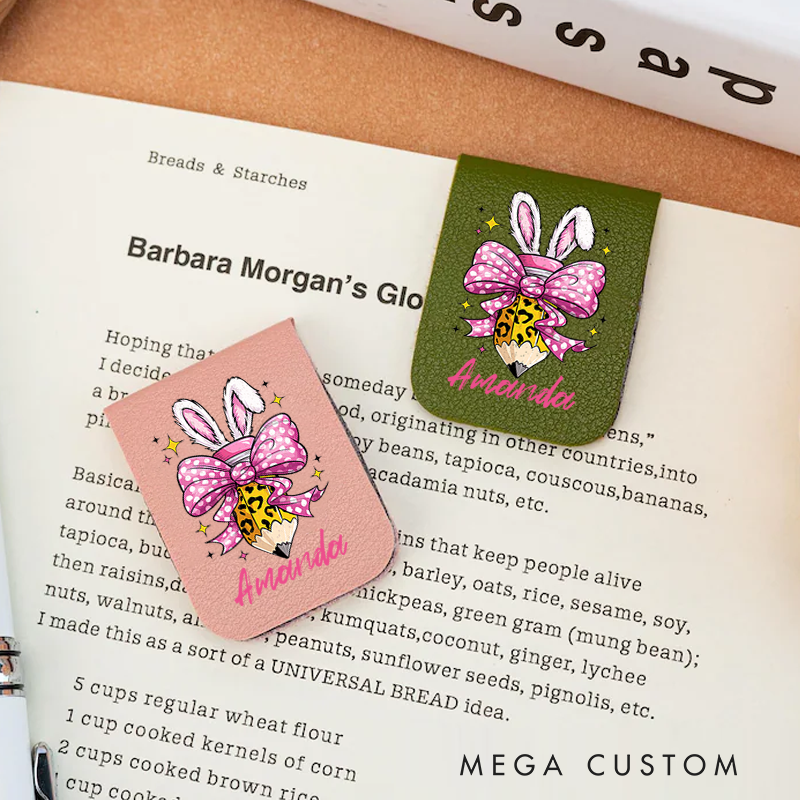 Personalized Teacher Leather Magnetic Bookmark Bunny Ears Pink Bow Design Cheerful and Fun Style Gift for Teachers