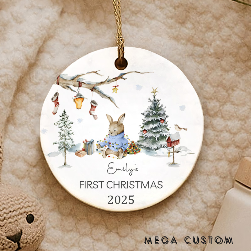 Personalized Woodland First Christmas Ornament Highlighting Charming Holiday Scene Christmas Ornament