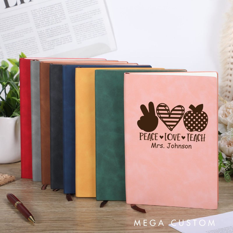 Personalized Leather Notebook for Teacher Peace Love Teach Leather Journal Teacher Appreciation Gift