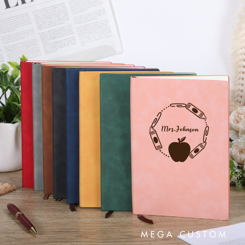 Personalized Leather Notebook for Teacher Crayons and Paperclips Surrounding a Apple Leather Journal Teacher Appreciation Gift