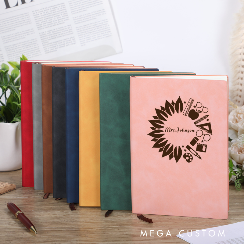 Personalized Leather Notebook for Teacher Sunflower Inspired Wreath Made up of School Themed Icons Leather Journal Teacher Appreciation Gift