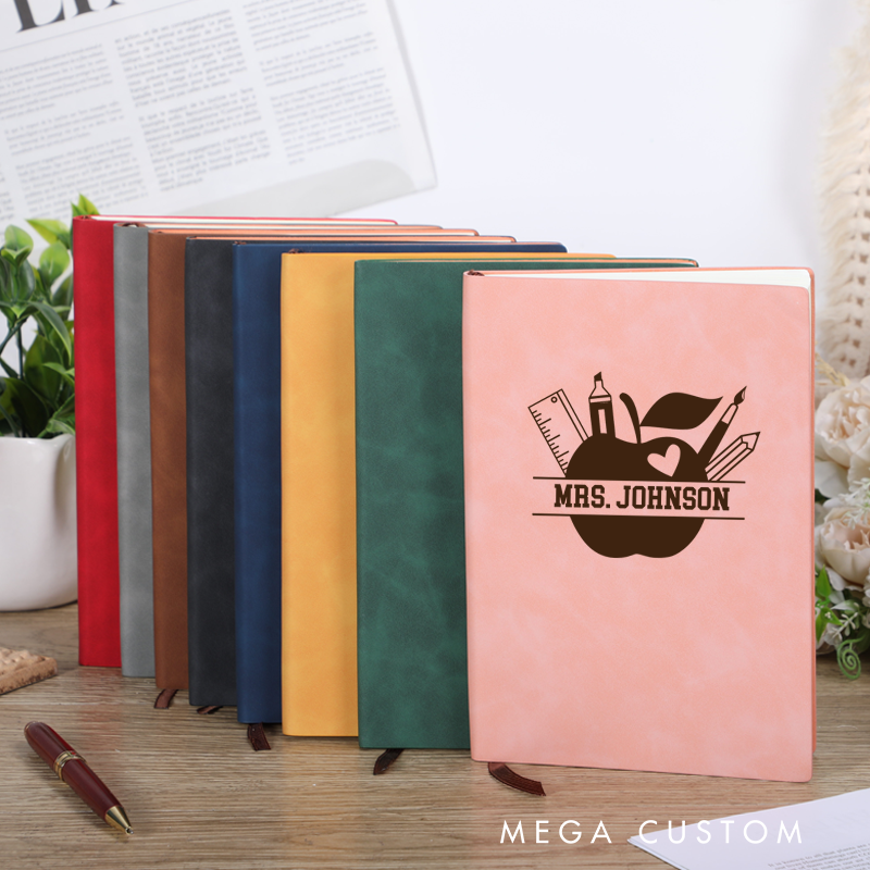 Personalized Leather Notebook for Teacher Apple Ruler Pencil and Book Leather Journal Teacher Appreciation Gift
