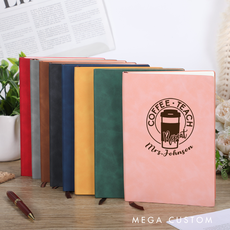 Personalized Leather Notebook for Teacher Coffee Teach Repeat Leather Journal Teacher Appreciation Gift